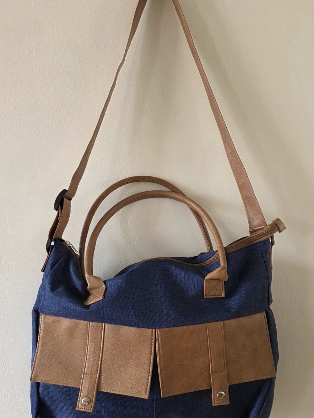 Classic Navy and Tan Women’s Convertible Tote Bag